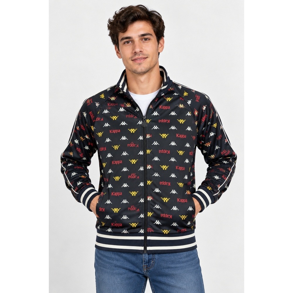 Kappa Mens L Black All Over Logo Print Full Zip Track Jacket Striped Trim